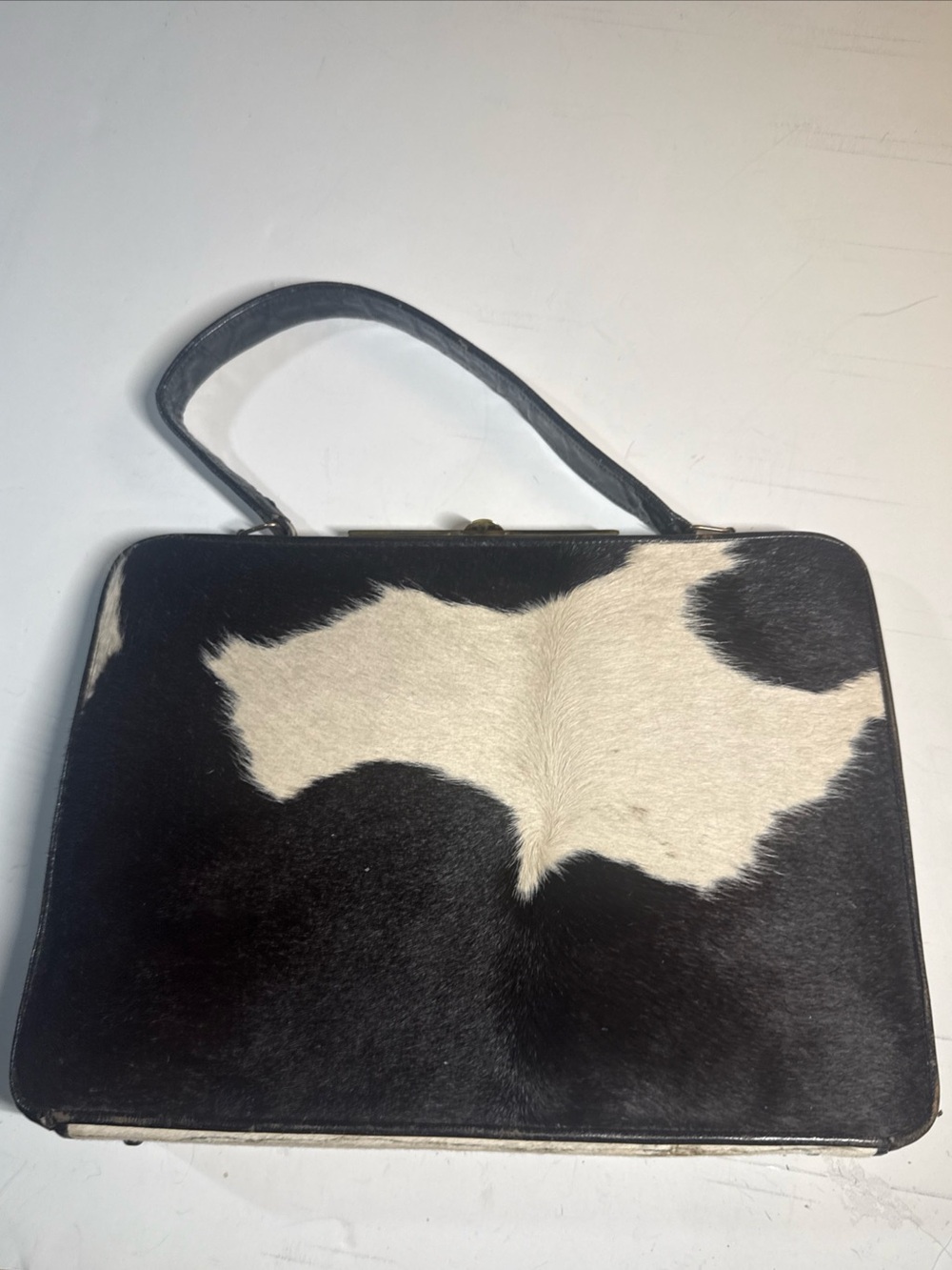Black and White Cowhide Shoulder Bag with Top Handle